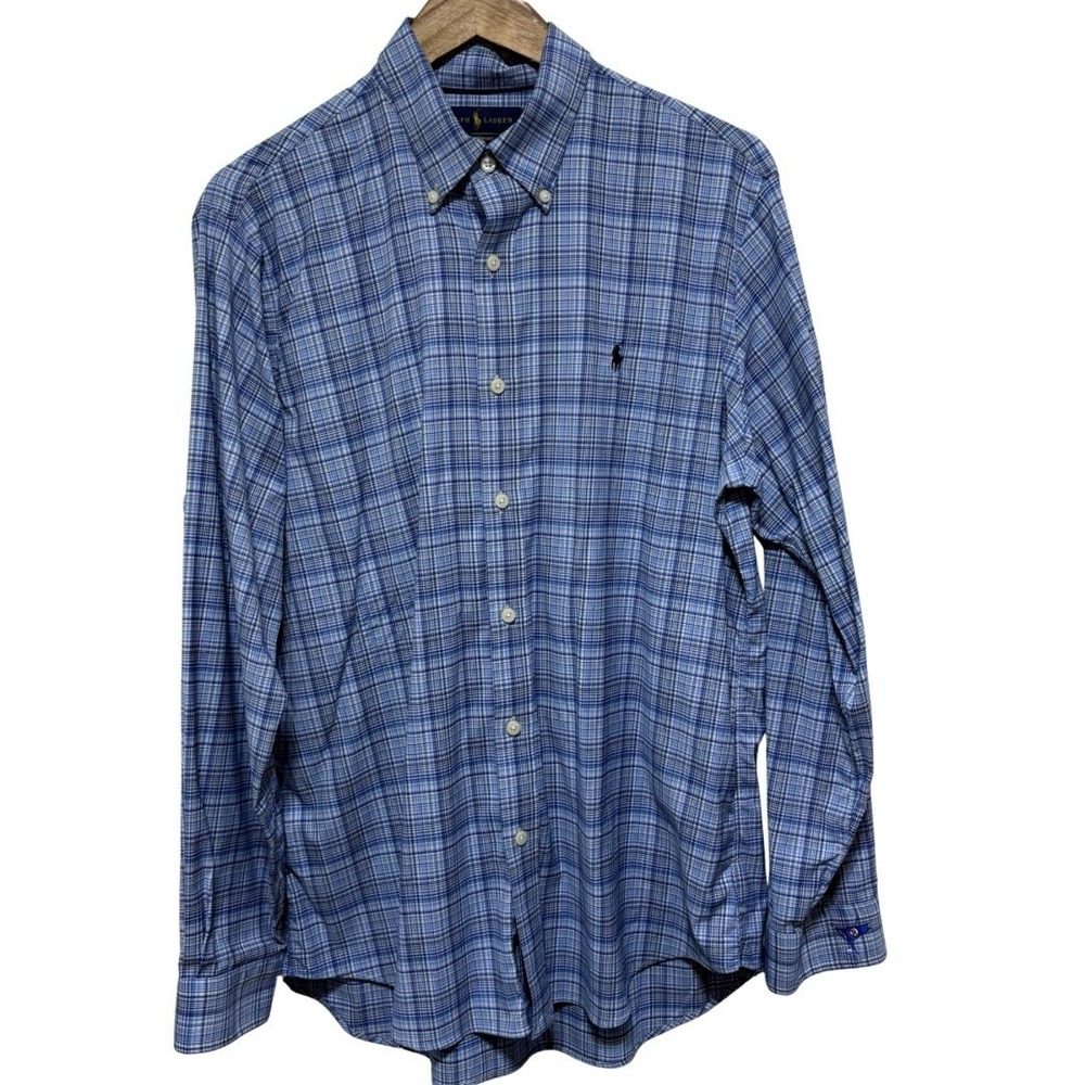 Ralph Lauren Shirt Mens L Blue Plaid Performance Nylon Stretch Button Front Golf